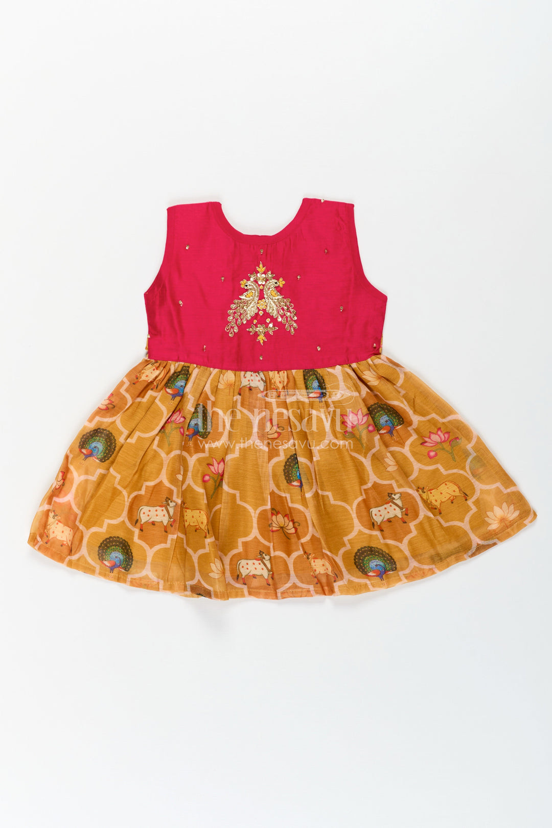 The Nesavu Girls Chanderi Frock Girls New Designs of Frocks with Maroon Cotton Yoke and Animal Digital Printed Skirt Nesavu Nesavu New Designs Frocks Girls Maroon Embroidered Yoke Animal Print Bottom