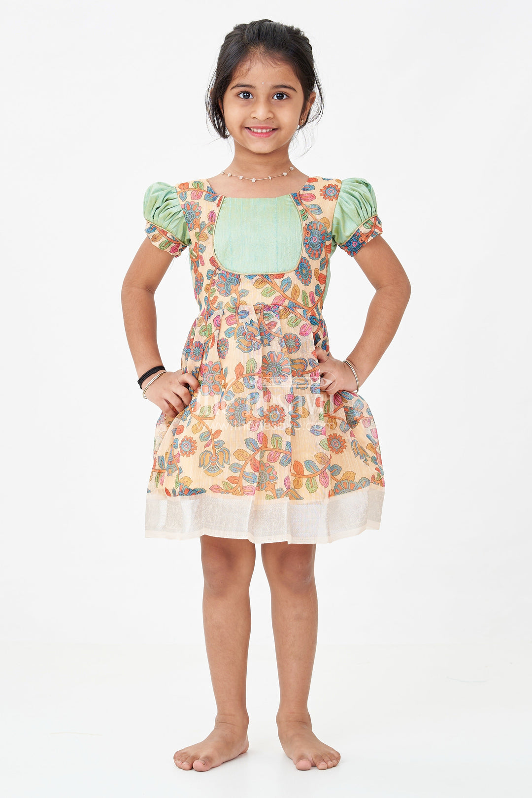 The Nesavu Silk Frock Girls New Dress Collection in Printed Chanderi Cotton with Raw Silk Yoke and Short Puff Sleeves Nesavu 16 (1Y) / Yellow SF1012A-16 Nesavu New Dress Collection Girls Chanderi Cotton Raw Silk Yoke Floral Print