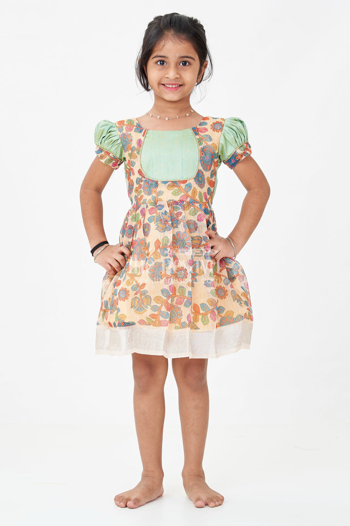 The Nesavu Silk Frock Girls New Dress Collection in Printed Chanderi Cotton with Raw Silk Yoke and Short Puff Sleeves Nesavu 16 (1Y) / Yellow SF1012A-16 Nesavu New Dress Collection Girls Chanderi Cotton Raw Silk Yoke Floral Print
