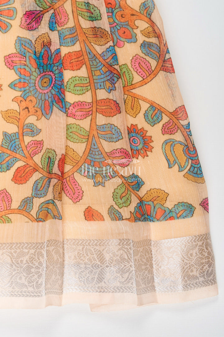 The Nesavu Silk Frock Girls New Dress Collection in Printed Chanderi Cotton with Raw Silk Yoke and Short Puff Sleeves Nesavu Nesavu New Dress Collection Girls Chanderi Cotton Raw Silk Yoke Floral Print