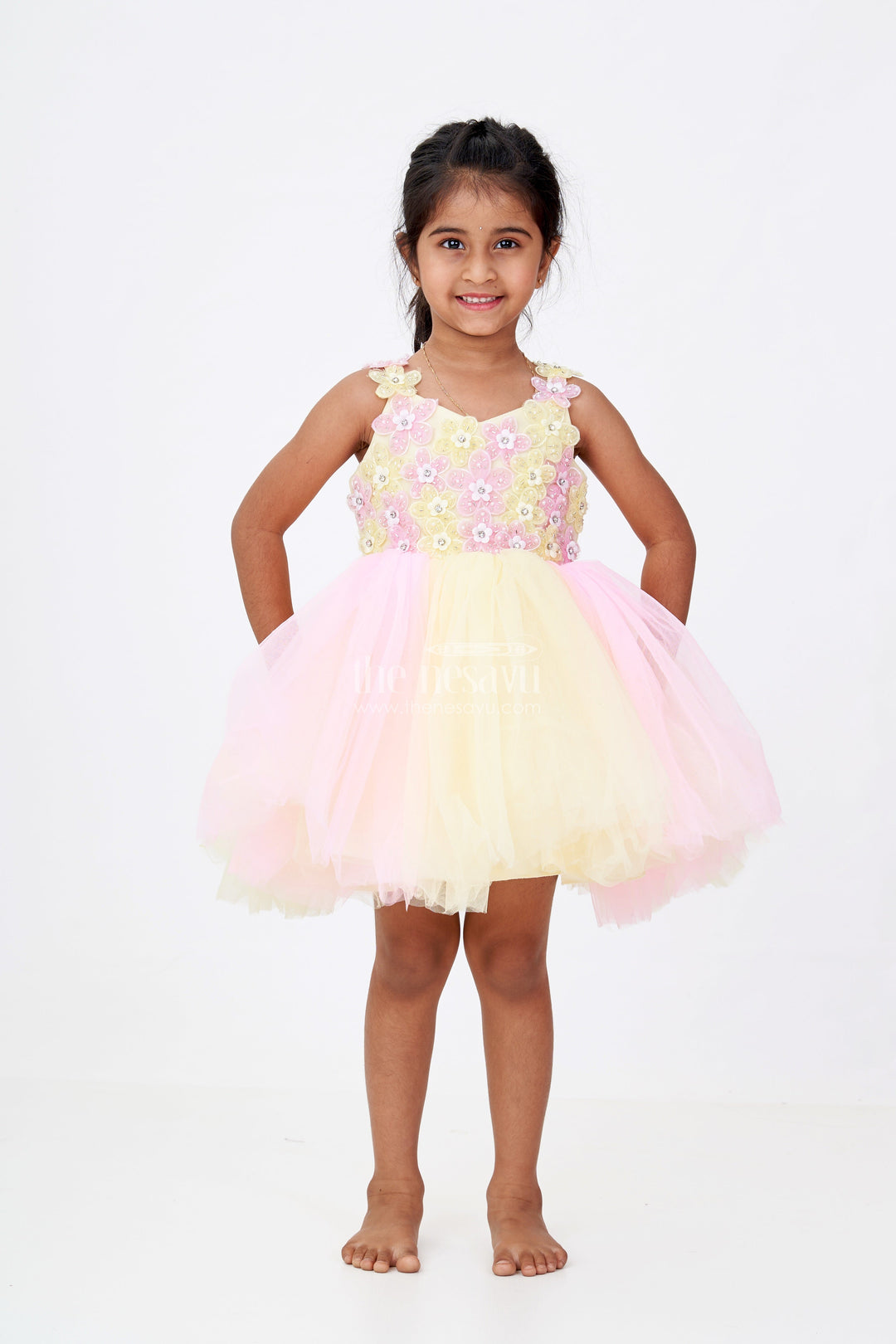 The Nesavu Girls Fancy Party Frock Girls New Party Frock Design in Soft Net with Floral Brooches Embellished Yoke and Fluffy Layers Nesavu Nesavu Girls New Party Frock Design Floral Brooches Soft Net Yoke Fluffy Layered Skirt