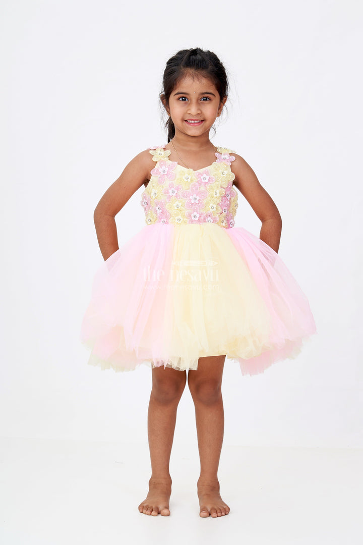 The Nesavu Girls Fancy Party Frock Girls New Party Frock Design in Soft Net with Floral Brooches Embellished Yoke and Fluffy Layers Nesavu Nesavu Girls New Party Frock Design Floral Brooches Soft Net Yoke Fluffy Layered Skirt