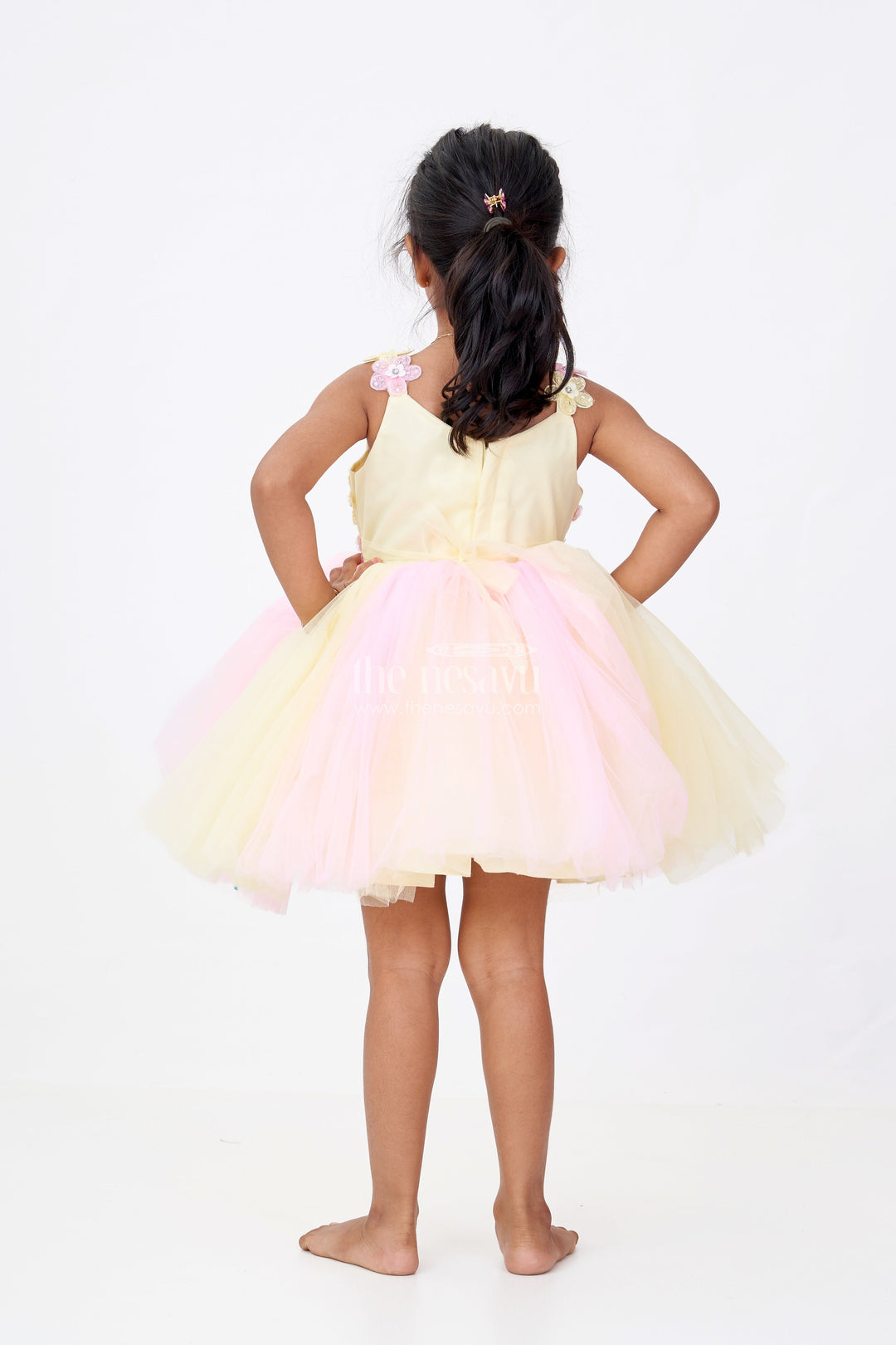 The Nesavu Girls Fancy Party Frock Girls New Party Frock Design in Soft Net with Floral Brooches Embellished Yoke and Fluffy Layers Nesavu Nesavu Girls New Party Frock Design Floral Brooches Soft Net Yoke Fluffy Layered Skirt