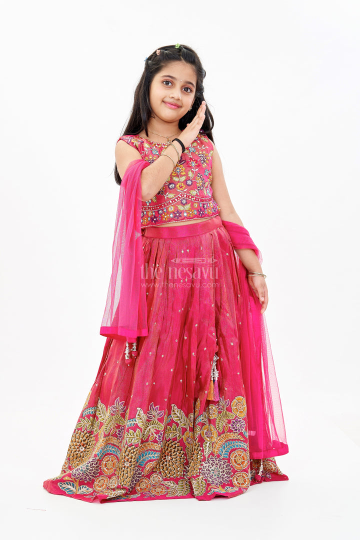 The Nesavu Girls Lehenga Choli Girls New Trendy Lehenga in Magenta with Intricate Threadwork and Mirror Embellishments Nesavu 24 (5Y) / Pink GL572A-24 Nesavu Girls Trendy Magenta Lehenga Set Embroidered Choli Mirror Work