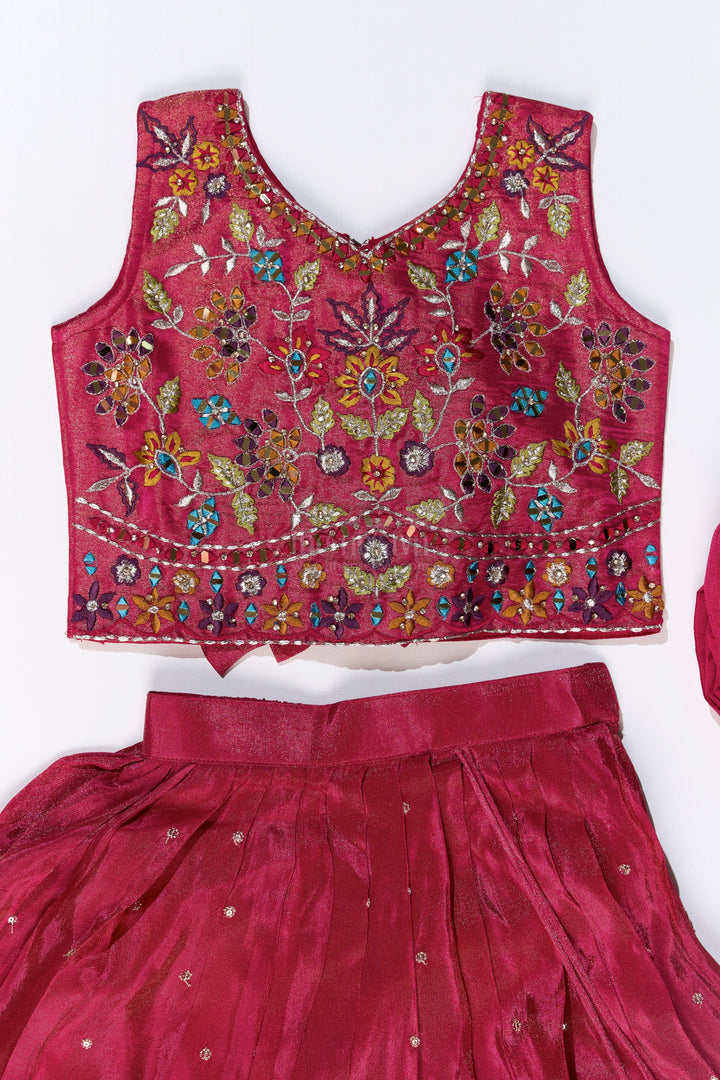 The Nesavu Girls Lehenga Choli Girls New Trendy Lehenga in Magenta with Intricate Threadwork and Mirror Embellishments Nesavu Nesavu Girls Trendy Magenta Lehenga Set Embroidered Choli Mirror Work