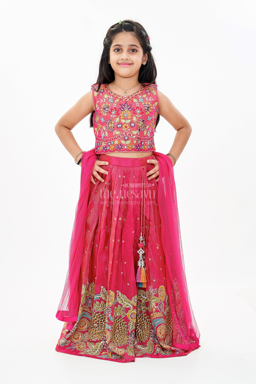 The Nesavu Girls Lehenga Choli Girls New Trendy Lehenga in Magenta with Intricate Threadwork and Mirror Embellishments Nesavu Nesavu Girls Trendy Magenta Lehenga Set Embroidered Choli Mirror Work