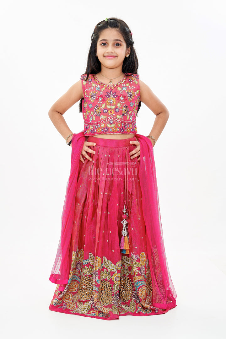 The Nesavu Girls Lehenga Choli Girls New Trendy Lehenga in Magenta with Intricate Threadwork and Mirror Embellishments Nesavu Nesavu Girls Trendy Magenta Lehenga Set Embroidered Choli Mirror Work