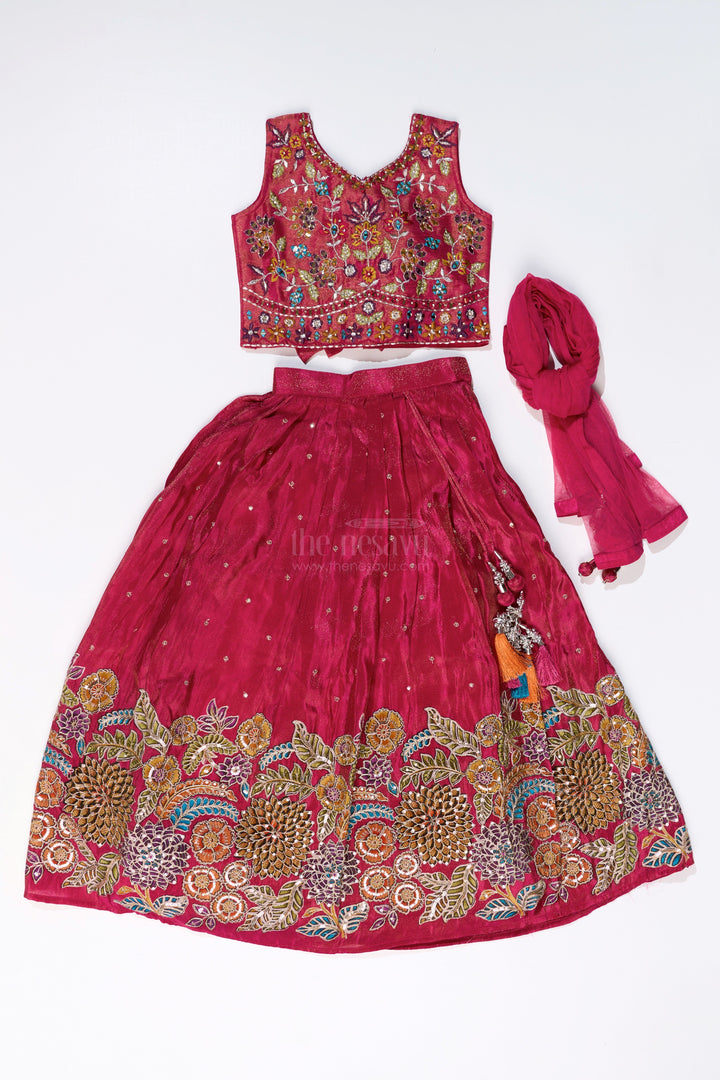 The Nesavu Girls Lehenga Choli Girls New Trendy Lehenga in Magenta with Intricate Threadwork and Mirror Embellishments Nesavu Nesavu Girls Trendy Magenta Lehenga Set Embroidered Choli Mirror Work