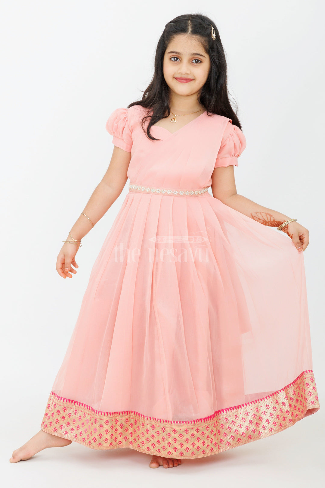 The Nesavu Girls Casual Gown Girls Night Party Gown in Georgette with Elegant Pleats and Gold Zari Border Nesavu 18 (2Y) / Pink GA274A-18 Nesavu Girls Night Party Gown Georgette Pleated Design Gold Zari Border
