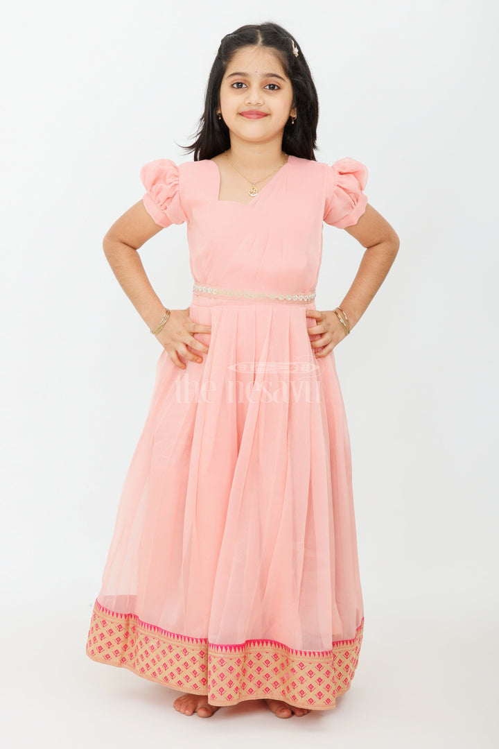 The Nesavu Girls Casual Gown Girls Night Party Gown in Georgette with Elegant Pleats and Gold Zari Border Nesavu Nesavu Girls Night Party Gown Georgette Pleated Design Gold Zari Border