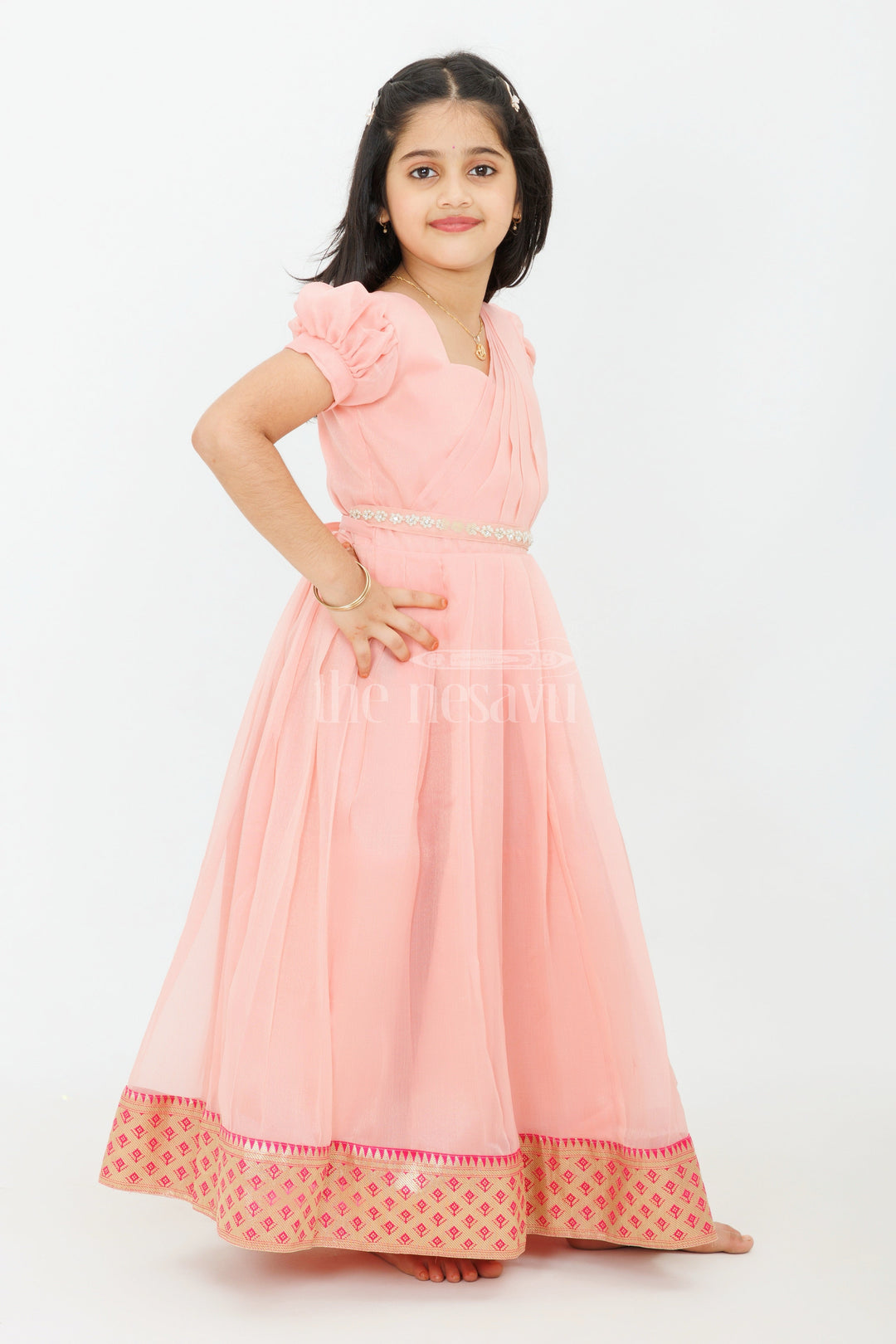 The Nesavu Girls Casual Gown Girls Night Party Gown in Georgette with Elegant Pleats and Gold Zari Border Nesavu Nesavu Girls Night Party Gown Georgette Pleated Design Gold Zari Border