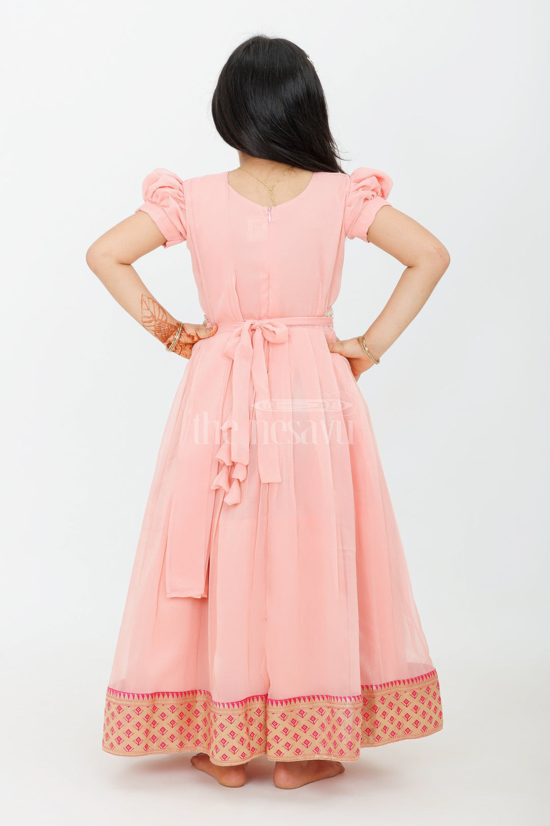 The Nesavu Girls Casual Gown Girls Night Party Gown in Georgette with Elegant Pleats and Gold Zari Border Nesavu Nesavu Girls Night Party Gown Georgette Pleated Design Gold Zari Border