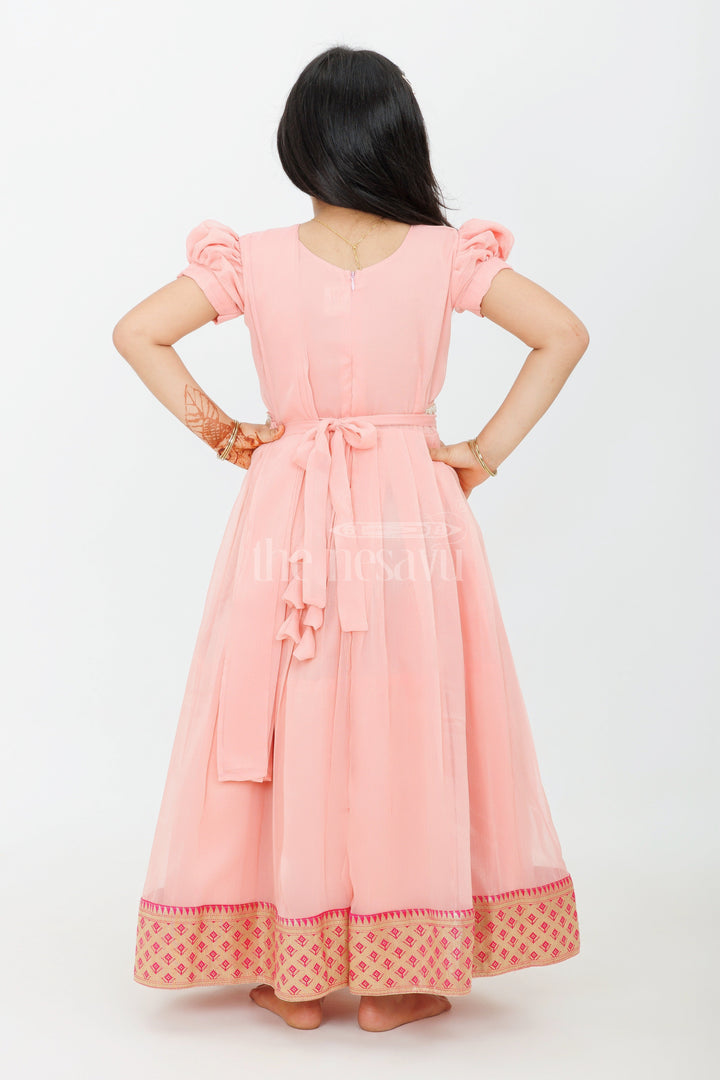 The Nesavu Girls Casual Gown Girls Night Party Gown in Georgette with Elegant Pleats and Gold Zari Border Nesavu Nesavu Girls Night Party Gown Georgette Pleated Design Gold Zari Border