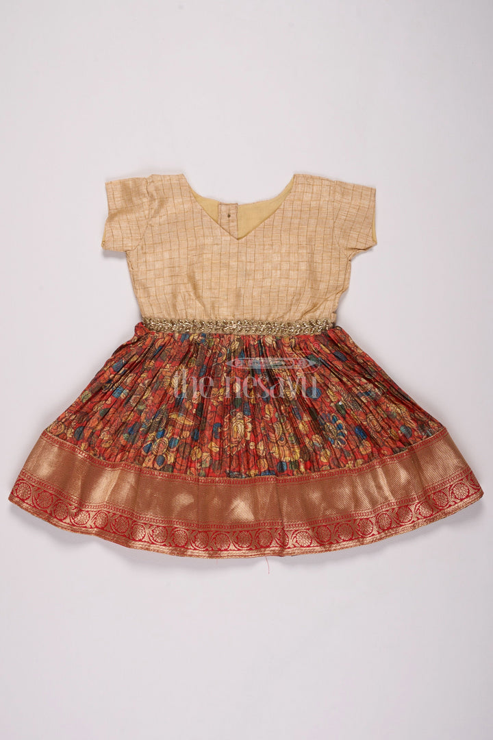 The Nesavu Silk Frock Girls Off-White and Maroon Silk Frock Type Suit with Embroidered Details Nesavu 16 (1Y) / Multicolor SF942A-16 Nesavu Girls Off-White Maroon Silk Frock Suit Floral Pleats Zari Detailing