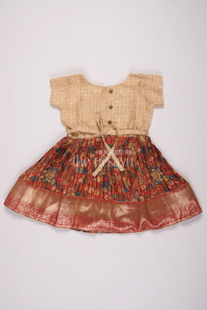 The Nesavu Silk Frock Girls Off-White and Maroon Silk Frock Type Suit with Embroidered Details Nesavu Nesavu Girls Off-White Maroon Silk Frock Suit Floral Pleats Zari Detailing