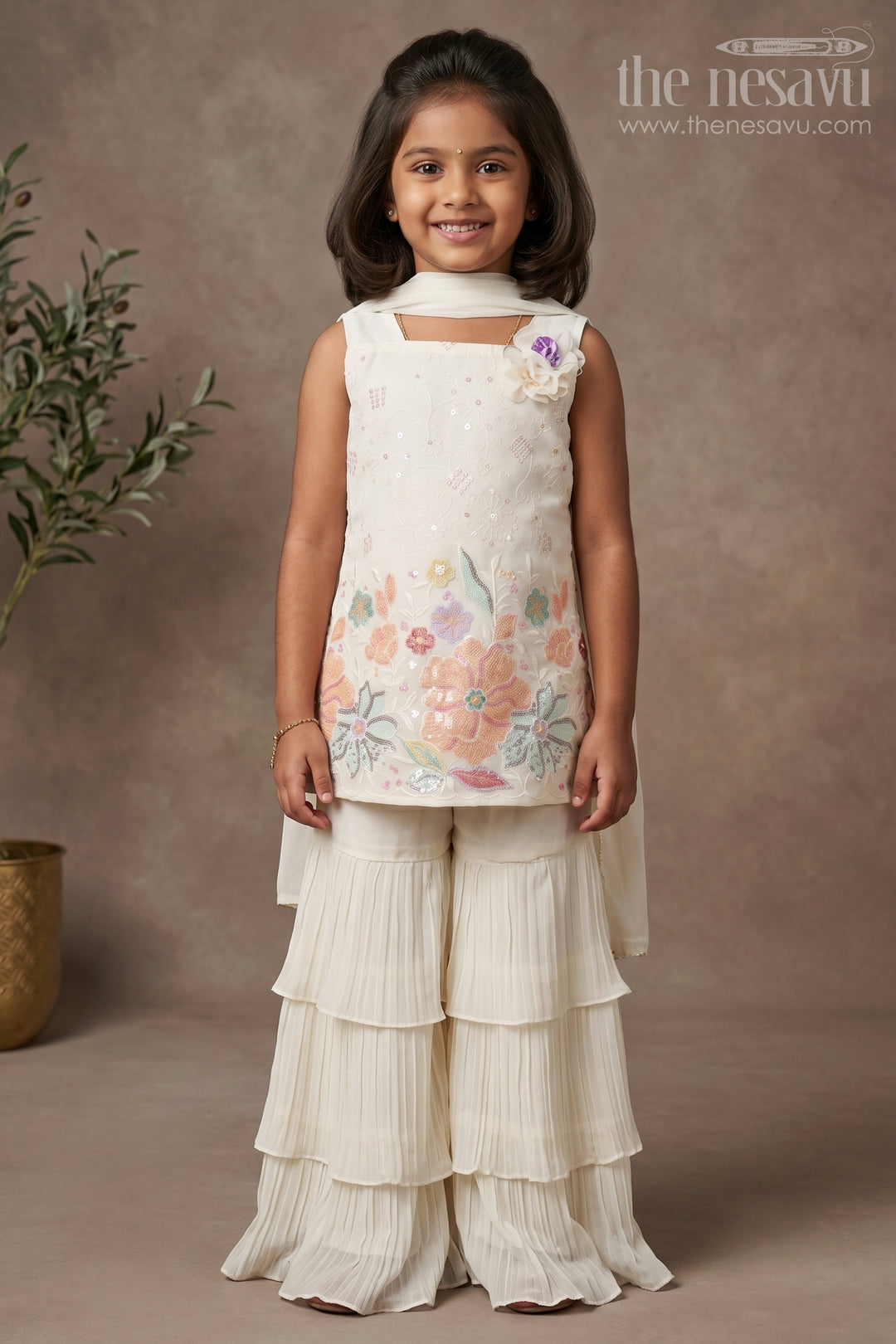 The Nesavu Girls Sharara / Plazo Set Girls Off White Sharara with Floral Embroidered Top and Layered Ruffle Pants Nesavu 16 (1Y) / Cream GPS548A-16 Girls Off White Sharara Floral Embroidered Top Layered Ruffle Pants | The Nesavu
