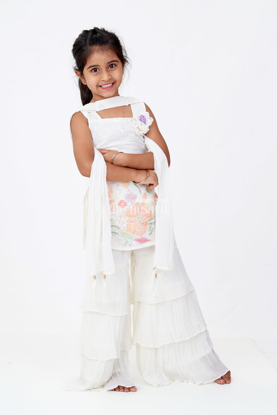 The Nesavu Girls Sharara / Plazo Set Girls Off White Sharara with Floral Embroidered Top and Layered Ruffle Pants Nesavu 16 (1Y) / Cream GPS548A-16 Nesavu Girls Off White Sharara Floral Embroidered Top Layered Ruffle Pants