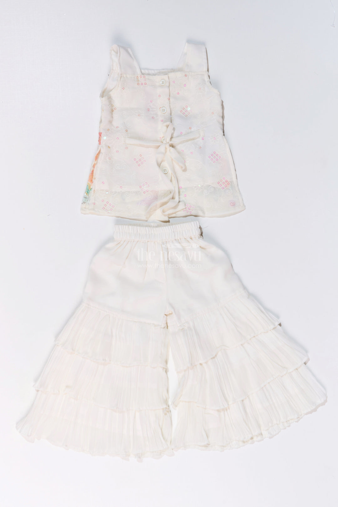 The Nesavu Girls Sharara / Plazo Set Girls Off White Sharara with Floral Embroidered Top and Layered Ruffle Pants Nesavu Nesavu Girls Off White Sharara Floral Embroidered Top Layered Ruffle Pants