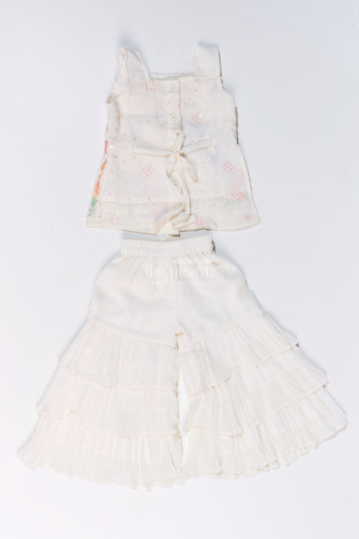 The Nesavu Girls Sharara / Plazo Set Girls Off White Sharara with Floral Embroidered Top and Layered Ruffle Pants Nesavu Nesavu Girls Off White Sharara Floral Embroidered Top Layered Ruffle Pants