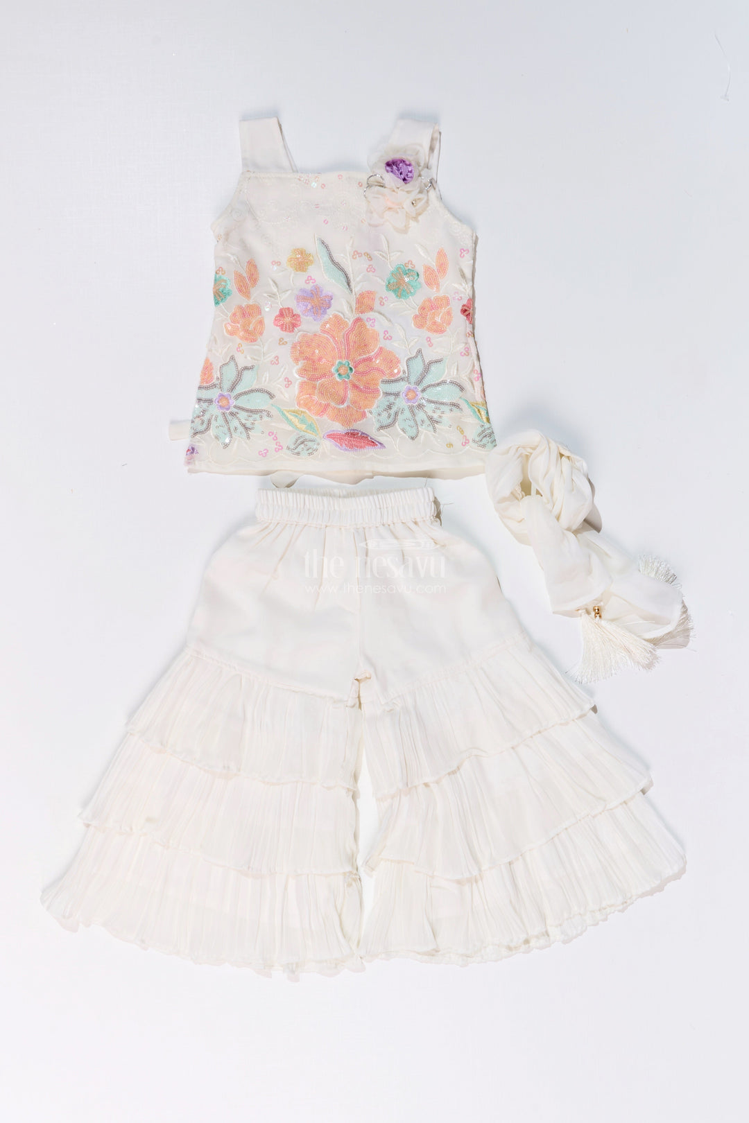 The Nesavu Girls Sharara / Plazo Set Girls Off White Sharara with Floral Embroidered Top and Layered Ruffle Pants Nesavu Nesavu Girls Off White Sharara Floral Embroidered Top Layered Ruffle Pants