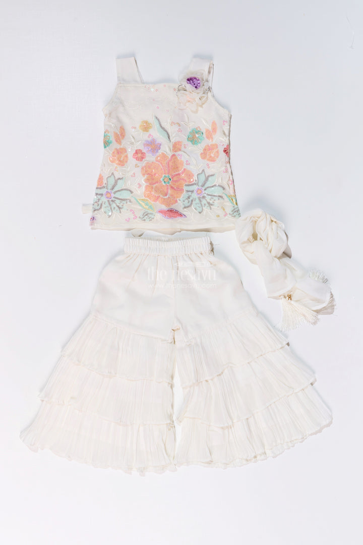 The Nesavu Girls Sharara / Plazo Set Girls Off White Sharara with Floral Embroidered Top and Layered Ruffle Pants Nesavu Nesavu Girls Off White Sharara Floral Embroidered Top Layered Ruffle Pants