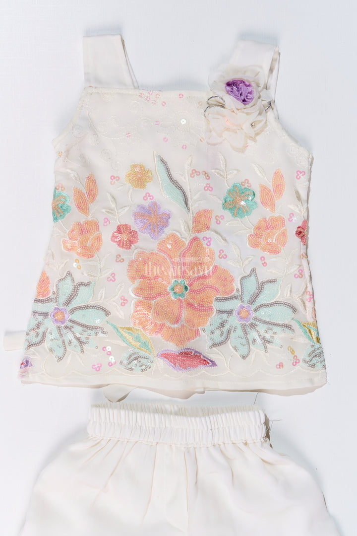 The Nesavu Girls Sharara / Plazo Set Girls Off White Sharara with Floral Embroidered Top and Layered Ruffle Pants Nesavu Nesavu Girls Off White Sharara Floral Embroidered Top Layered Ruffle Pants