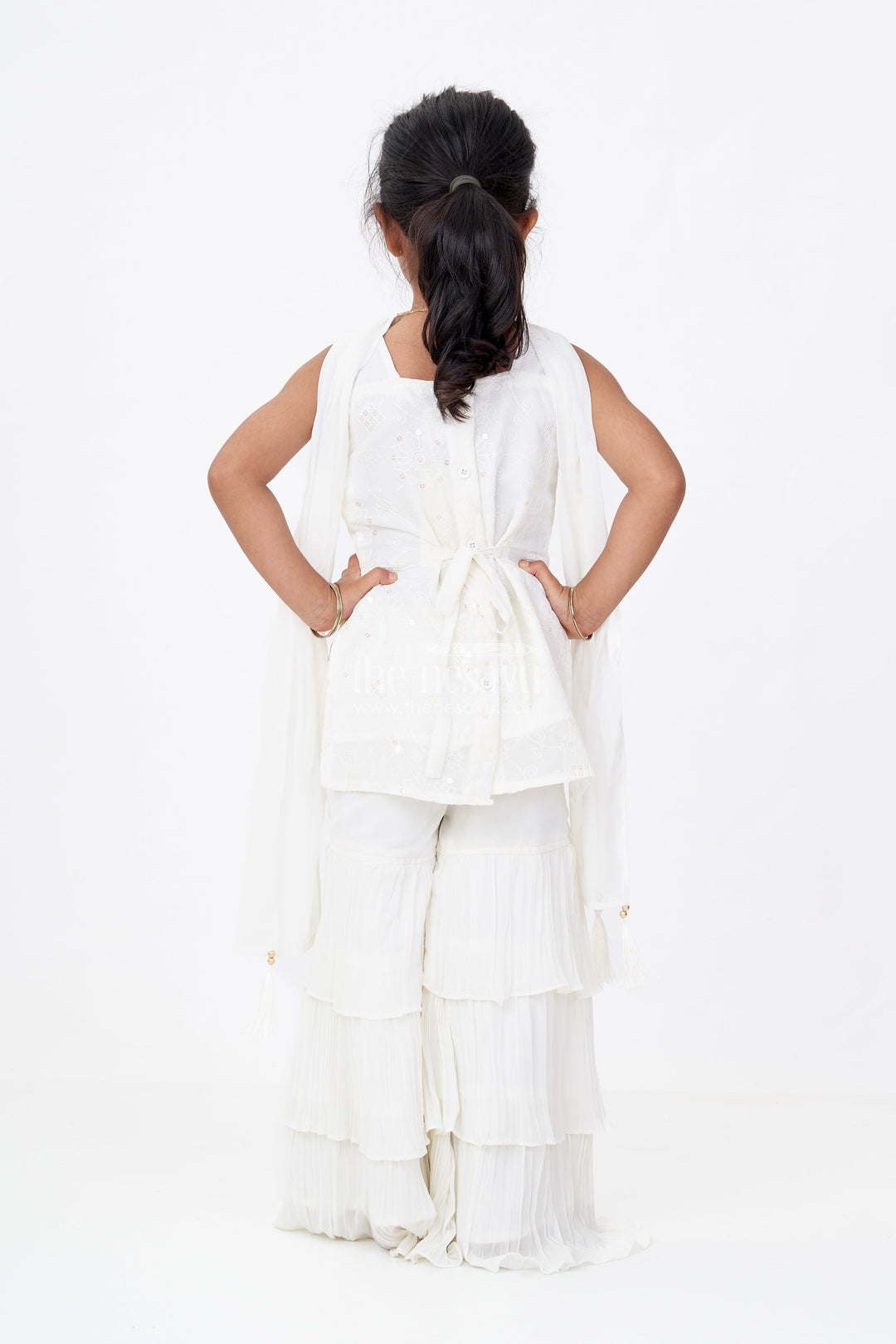 The Nesavu Girls Sharara / Plazo Set Girls Off White Sharara with Floral Embroidered Top and Layered Ruffle Pants Nesavu Nesavu Girls Off White Sharara Floral Embroidered Top Layered Ruffle Pants