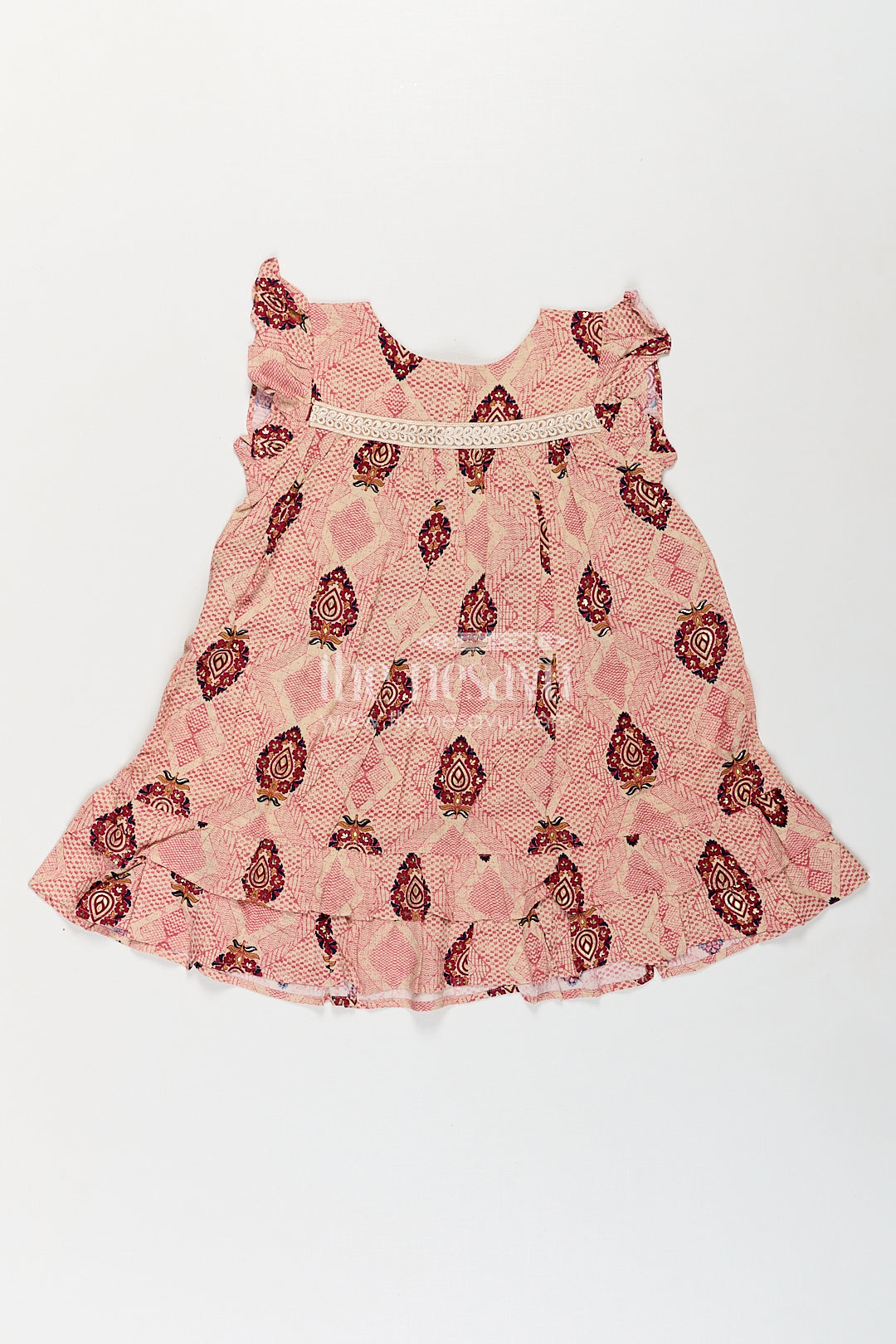 The Nesavu Girls Fancy Frock Girls One Piece Dress Frock Type in Beige Rayon with Ethnic Digital Print and Ruffle Sleeves Nesavu 18 (2Y) / Maroon GFC1760A-18 Nesavu Beige Rayon One Piece Dress Frock Type Ethnic Digital Print Ruffle Sleeves