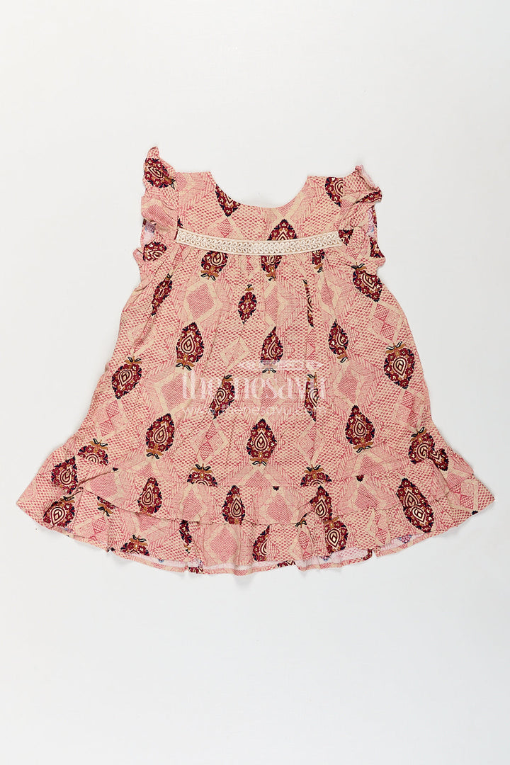 The Nesavu Girls Fancy Frock Girls One Piece Dress Frock Type in Beige Rayon with Ethnic Digital Print and Ruffle Sleeves Nesavu 18 (2Y) / Maroon GFC1760A-18 Nesavu Beige Rayon One Piece Dress Frock Type Ethnic Digital Print Ruffle Sleeves