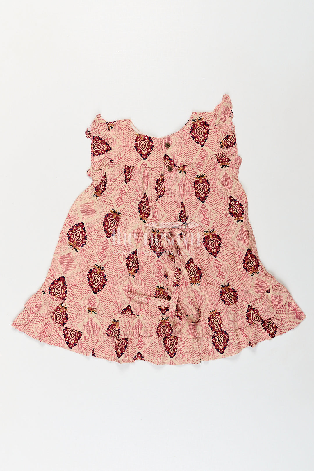 The Nesavu Girls Fancy Frock Girls One Piece Dress Frock Type in Beige Rayon with Ethnic Digital Print and Ruffle Sleeves Nesavu Nesavu Beige Rayon One Piece Dress Frock Type Ethnic Digital Print Ruffle Sleeves