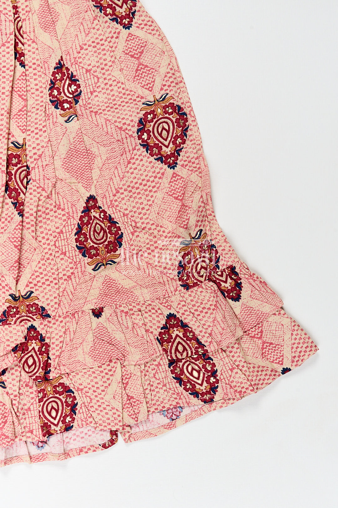 The Nesavu Girls Fancy Frock Girls One Piece Dress Frock Type in Beige Rayon with Ethnic Digital Print and Ruffle Sleeves Nesavu Nesavu Beige Rayon One Piece Dress Frock Type Ethnic Digital Print Ruffle Sleeves