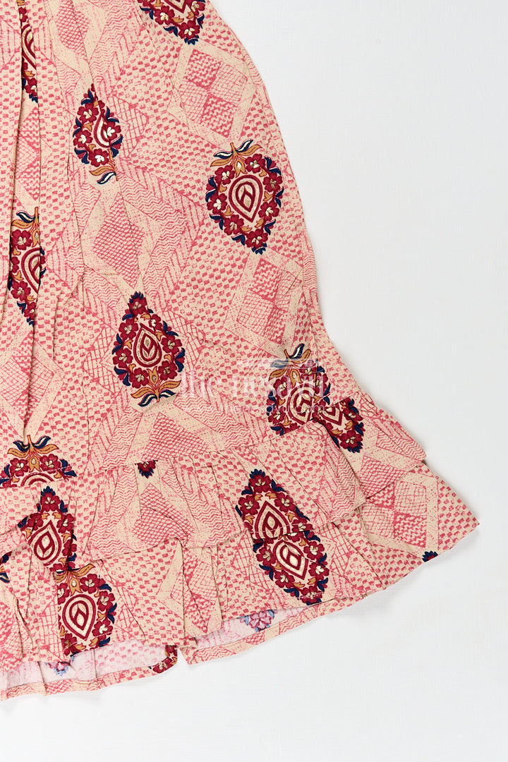 The Nesavu Girls Fancy Frock Girls One Piece Dress Frock Type in Beige Rayon with Ethnic Digital Print and Ruffle Sleeves Nesavu Nesavu Beige Rayon One Piece Dress Frock Type Ethnic Digital Print Ruffle Sleeves