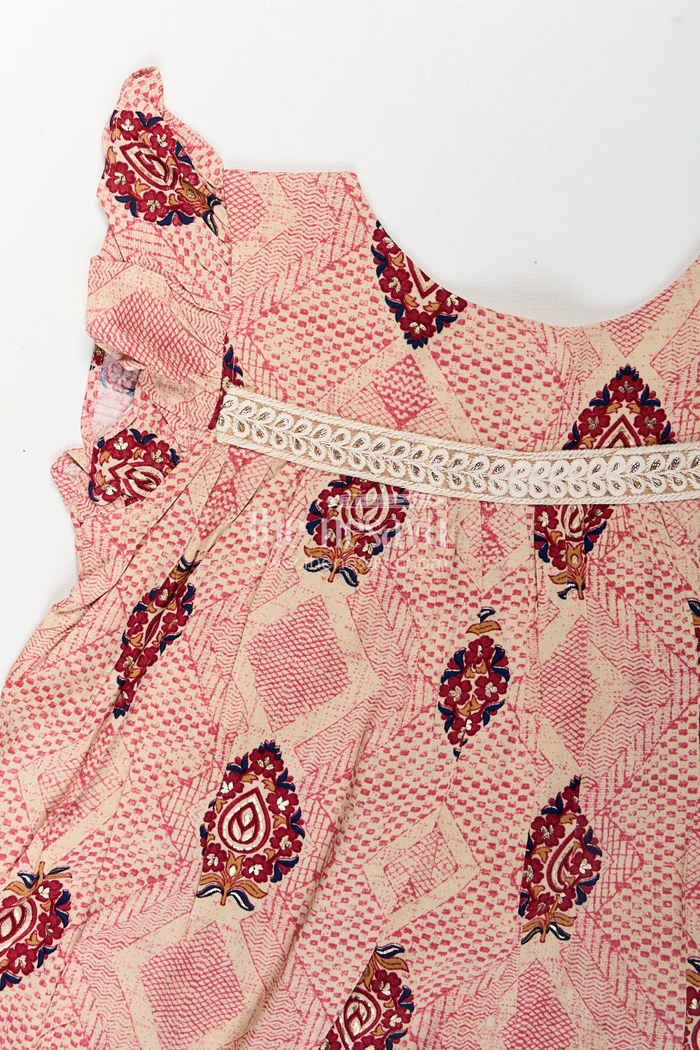 The Nesavu Girls Fancy Frock Girls One Piece Dress Frock Type in Beige Rayon with Ethnic Digital Print and Ruffle Sleeves Nesavu Nesavu Beige Rayon One Piece Dress Frock Type Ethnic Digital Print Ruffle Sleeves