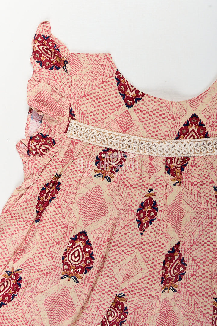 The Nesavu Girls Fancy Frock Girls One Piece Dress Frock Type in Beige Rayon with Ethnic Digital Print and Ruffle Sleeves Nesavu Nesavu Beige Rayon One Piece Dress Frock Type Ethnic Digital Print Ruffle Sleeves