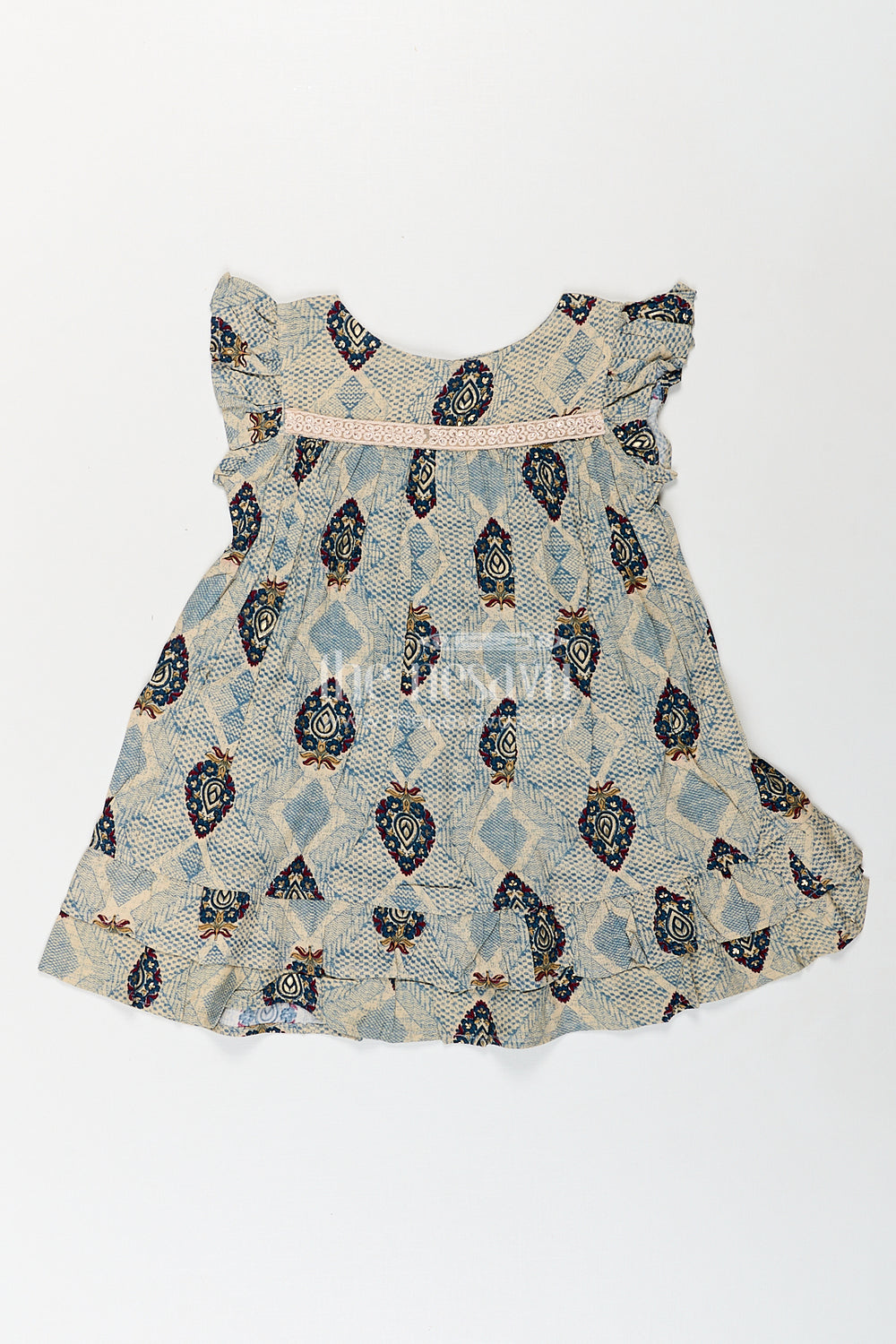 The Nesavu Girls Fancy Frock Girls One Piece Frock Online in Green Rayon with Printed Motifs and Gathered Hemline Nesavu 18 (2Y) / Blue GFC1760B-18 Nesavu Green Rayon One Piece Frock Online Printed Motifs Ruffle Hem Girls