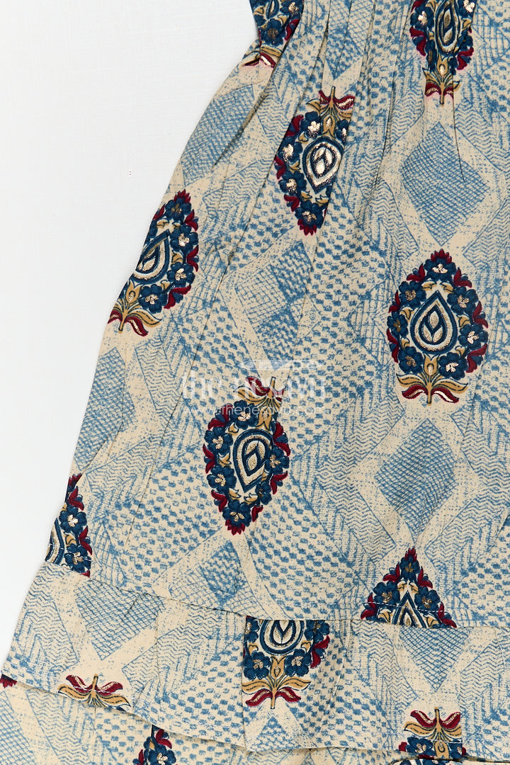 The Nesavu Girls Fancy Frock Girls One Piece Frock Online in Green Rayon with Printed Motifs and Gathered Hemline Nesavu Nesavu Green Rayon One Piece Frock Online Printed Motifs Ruffle Hem Girls