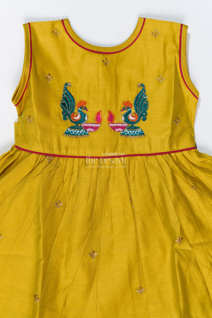 The Nesavu Girls Chanderi Frock Girls One Piece Frock with Peacock Embroidery and Chanderi Cotton Fabric for Festive Wear Nesavu Girls One Piece Frock Peacock Embroidery Chanderi Cotton Fabric Festive Wear | The Nesavu