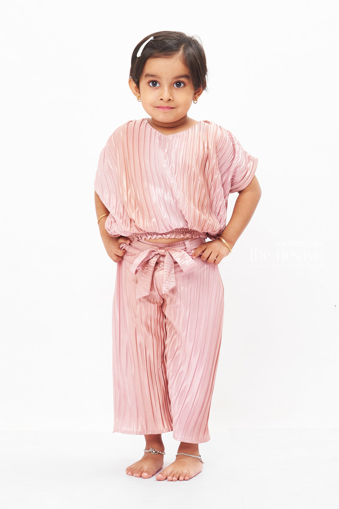 The Nesavu Girls Sharara / Plazo Set Girls Onion Pink Satin Palazzo Cord Set - Elegance Meets Comfort Nesavu 18 (2Y) / Pink / Satin GPS279A-18 Chic Palazzo Set for Girls | Trendy Top and Pant Suit | The Nesavu