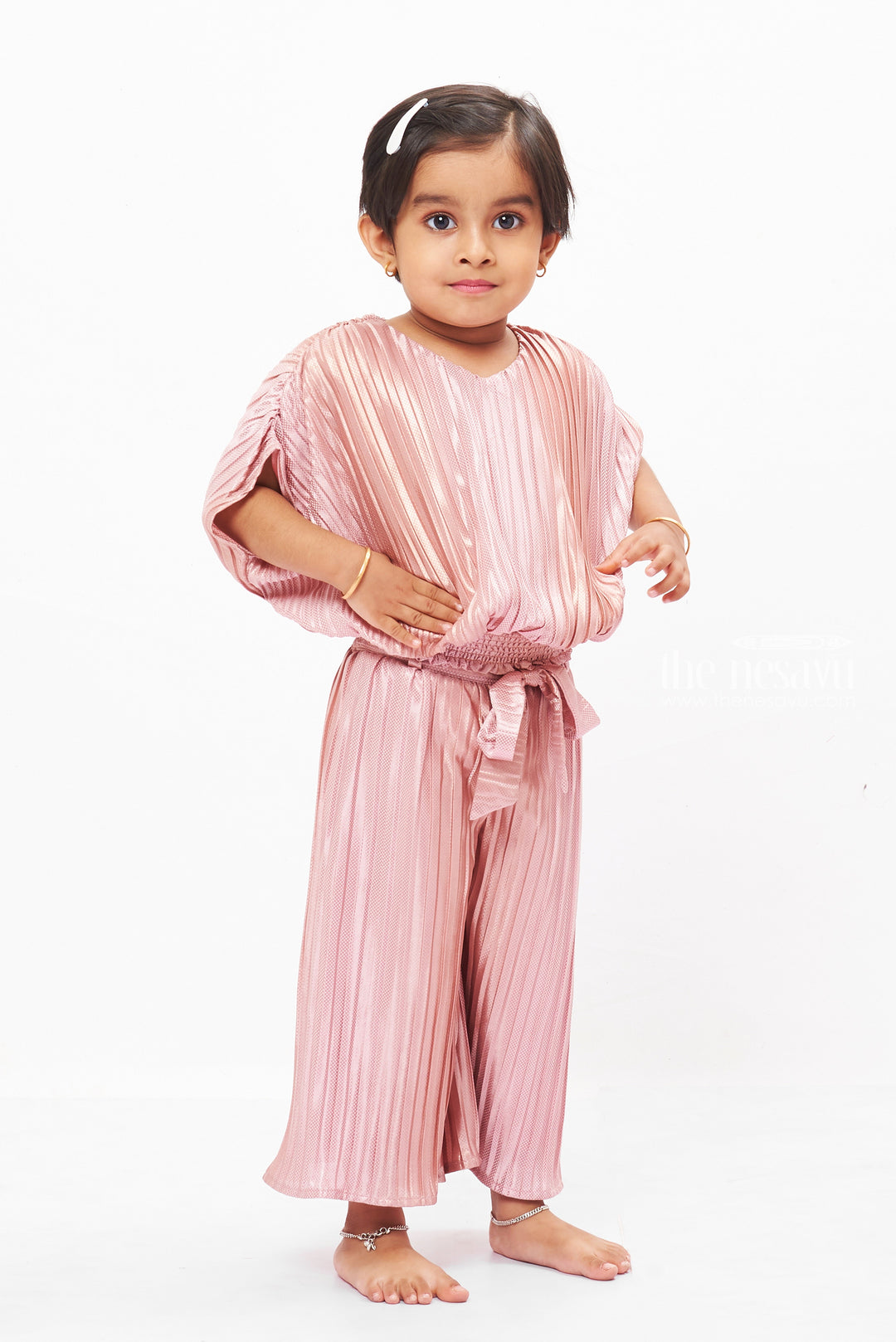 The Nesavu Girls Sharara / Plazo Set Girls Onion Pink Satin Palazzo Cord Set - Elegance Meets Comfort Nesavu Chic Palazzo Set for Girls | Trendy Top and Pant Suit | The Nesavu