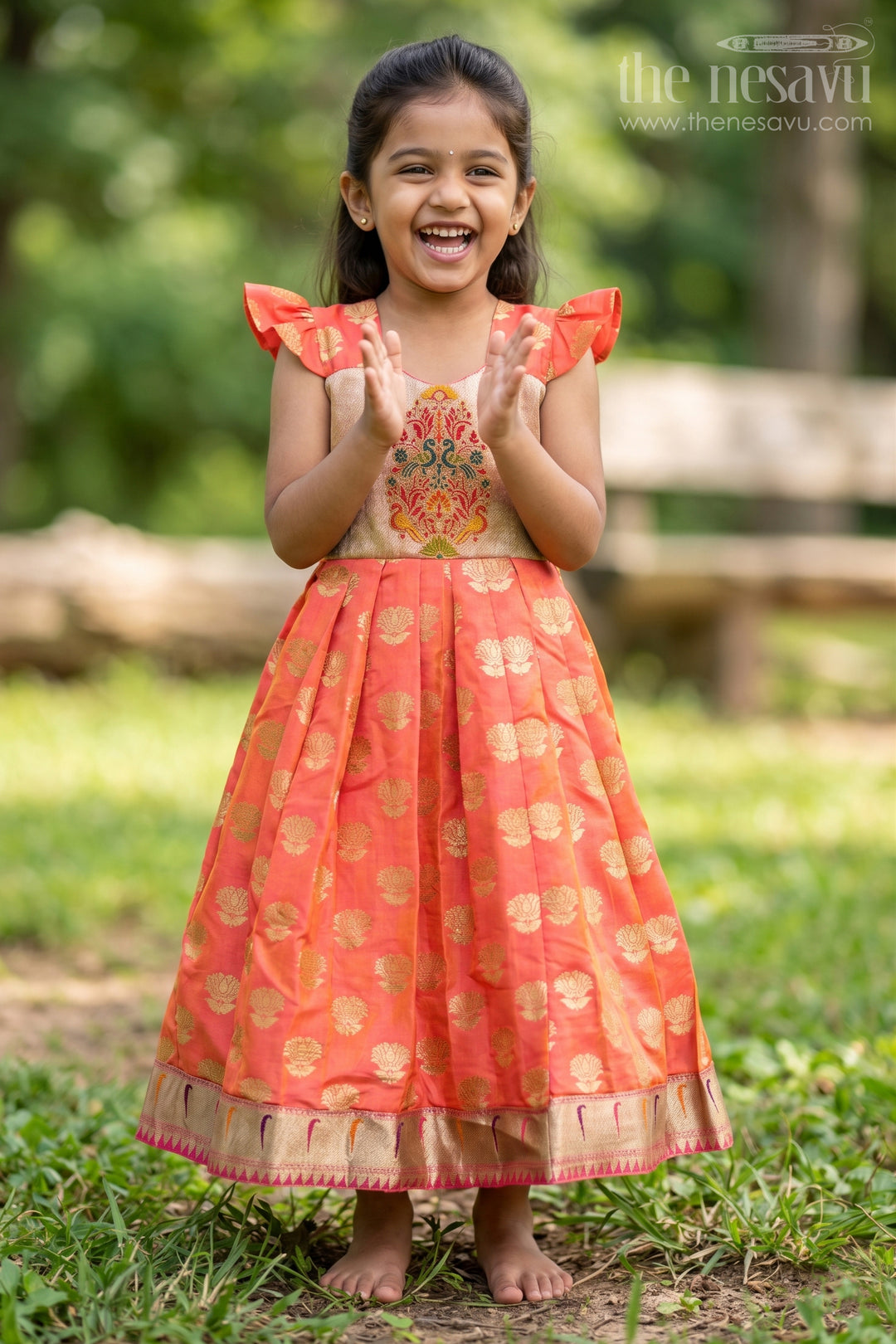 The Nesavu Girls Silk Gown Girls Orange Anarkali Gown in Semi Banaras Silk with Paithani Embroidery and Traditional Gold Patterns Nesavu 18 (2Y) / Orange / Style 1 GA322BA-18 Nesavu Orange Anarkali Gown in Semi Banaras Silk with Paithani Border and Zari Embellishment