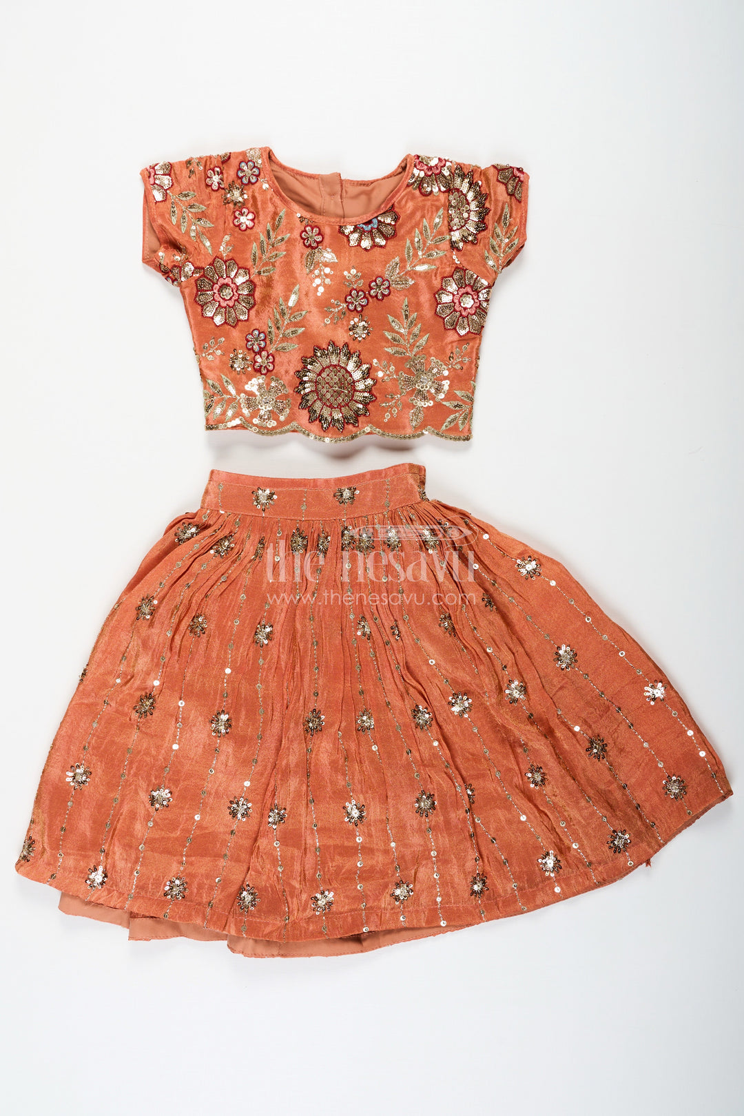 The Nesavu Girls Lehenga Choli Girls Orange Color Lehenga in Pure Shimmer Viscose Silk with Designer Embroidery and Floral Sequins Nesavu Nesavu Girls Orange Lehenga in Pure Shimmer Viscose Silk with Floral Embroidery and Sequins
