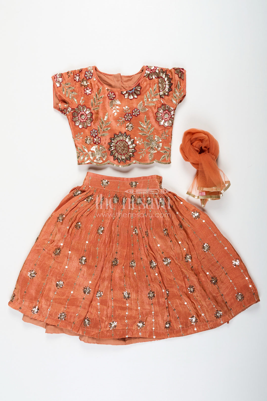 The Nesavu Girls Lehenga Choli Girls Orange Color Lehenga in Pure Shimmer Viscose Silk with Designer Embroidery and Floral Sequins Nesavu Nesavu Girls Orange Lehenga in Pure Shimmer Viscose Silk with Floral Embroidery and Sequins