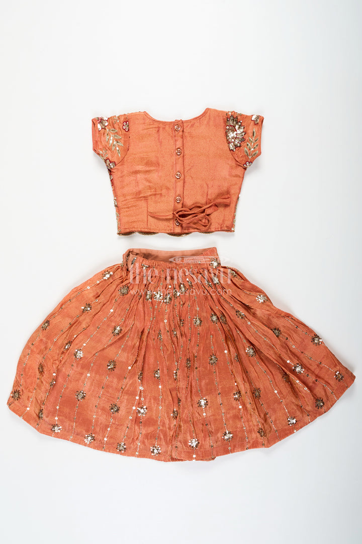 The Nesavu Girls Lehenga Choli Girls Orange Color Lehenga in Pure Shimmer Viscose Silk with Designer Embroidery and Floral Sequins Nesavu Nesavu Girls Orange Lehenga in Pure Shimmer Viscose Silk with Floral Embroidery and Sequins