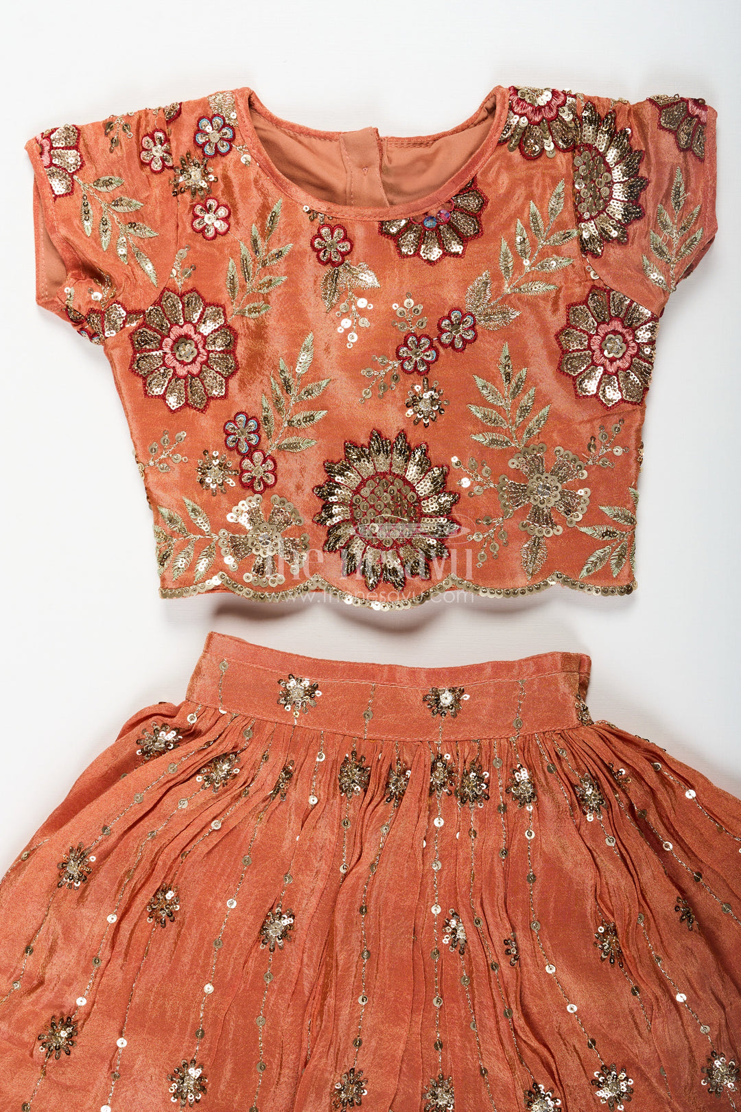 The Nesavu Girls Lehenga Choli Girls Orange Color Lehenga in Pure Shimmer Viscose Silk with Designer Embroidery and Floral Sequins Nesavu Nesavu Girls Orange Lehenga in Pure Shimmer Viscose Silk with Floral Embroidery and Sequins