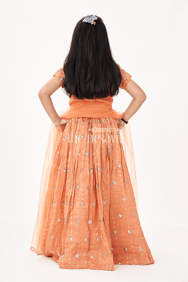 The Nesavu Girls Lehenga Choli Girls Orange Color Lehenga in Pure Shimmer Viscose Silk with Designer Embroidery and Floral Sequins Nesavu Nesavu Girls Orange Lehenga in Pure Shimmer Viscose Silk with Floral Embroidery and Sequins