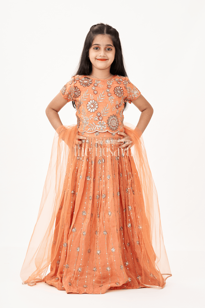 The Nesavu Girls Lehenga Choli Girls Orange Color Lehenga in Pure Shimmer Viscose Silk with Designer Embroidery and Floral Sequins Nesavu Nesavu Girls Orange Lehenga in Pure Shimmer Viscose Silk with Floral Embroidery and Sequins