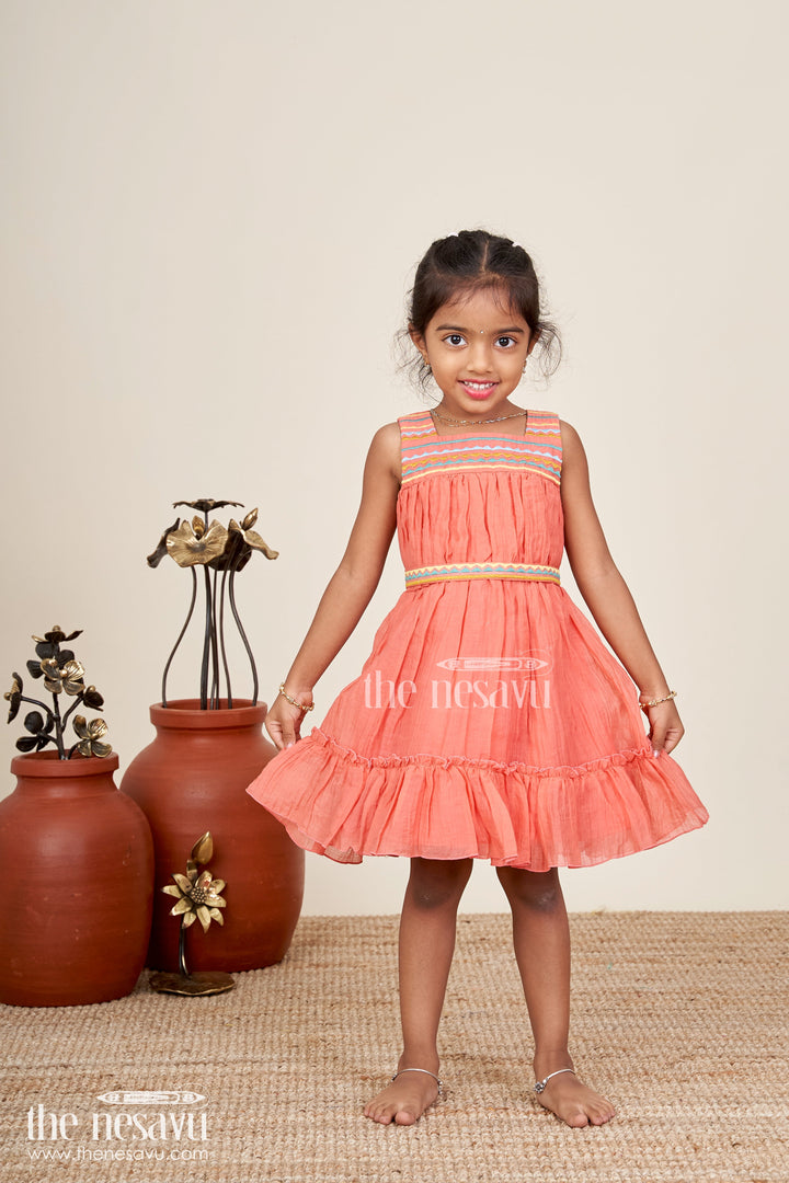 The Nesavu Girls Cotton Frock Girls Orange Frock Cotton Dress with Popcorn Crush Fabric and Colorful Thread Embroidered Yoke Nesavu 18 (2Y) / Orange GFC1789A-18 Nesavu Orange Frock Cotton Dress Girls Embroidered Yoke Ruffled Hem Popcorn Crush