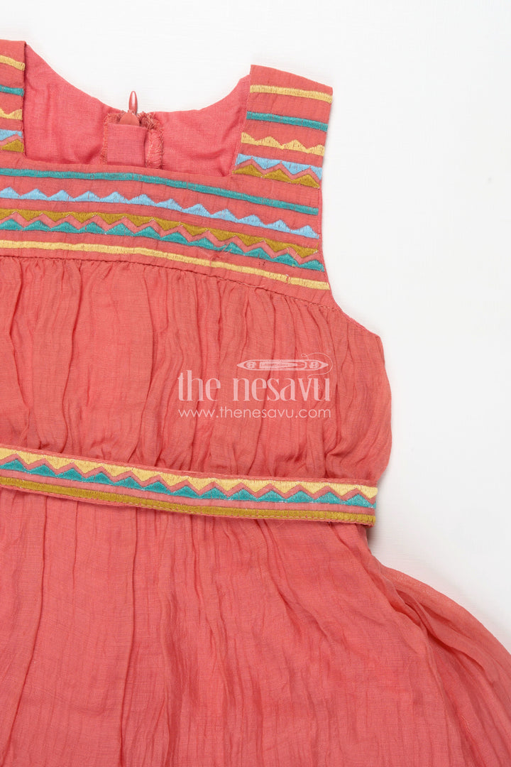 The Nesavu Girls Cotton Frock Girls Orange Frock Cotton Dress with Popcorn Crush Fabric and Colorful Thread Embroidered Yoke Nesavu Nesavu Orange Frock Cotton Dress Girls Embroidered Yoke Ruffled Hem Popcorn Crush