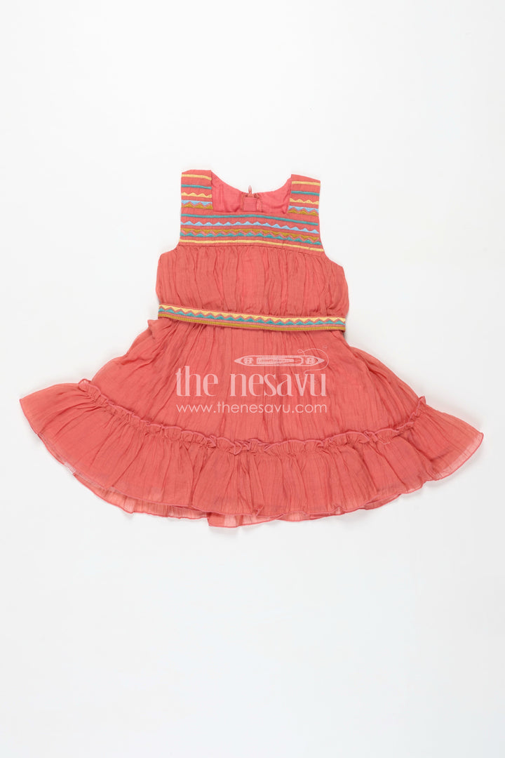 The Nesavu Girls Cotton Frock Girls Orange Frock Cotton Dress with Popcorn Crush Fabric and Colorful Thread Embroidered Yoke Nesavu Nesavu Orange Frock Cotton Dress Girls Embroidered Yoke Ruffled Hem Popcorn Crush