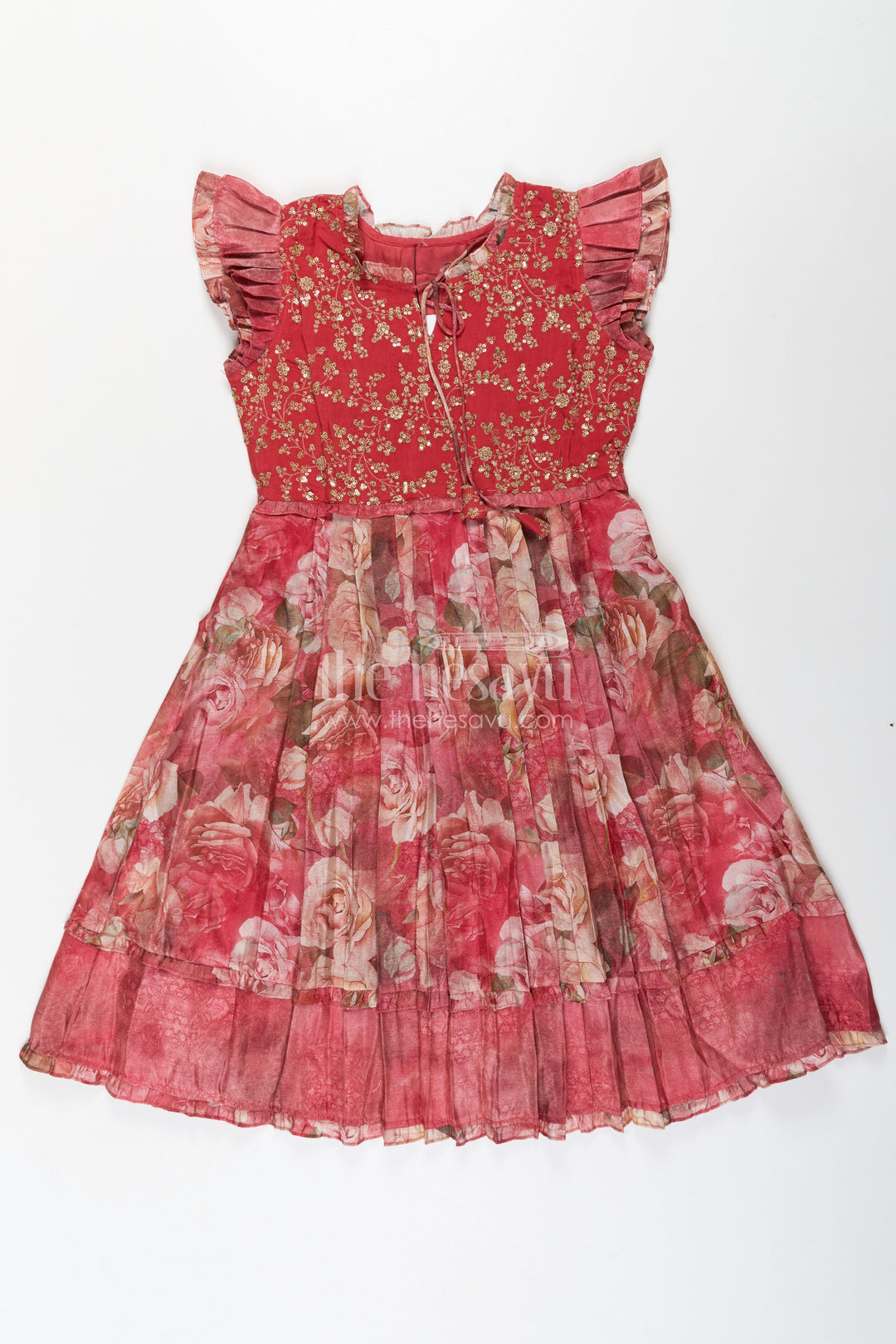 The Nesavu Girls Cotton Frock Girls Orange Frock Dress in Tissue Fabric with Floral Digital Print and Embroidered Yoke for a Chic Statement Look Nesavu 34 (10Y) / Orange GFC1671A-34 Nesavu Girls Orange Tissue Frock Dress Floral Digital Print Sequin Embroidered Yoke Special Occasions